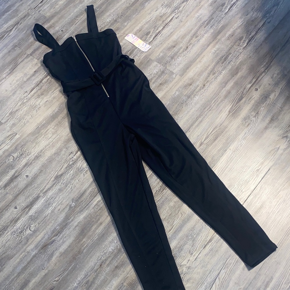 NWT Juniors M ALMOST FAMOUS Black Jumpsuit Belted Sexy 60’s